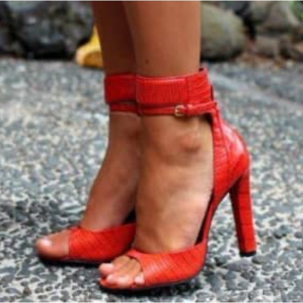 Alexander Wang Aminata Ankle Cuff High Heel Sandals in Red Snake Print